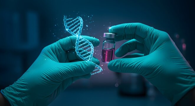 Scientist Holding Glowing DNA Vial with Spiraling Helix in Futuristic Medical Laboratory