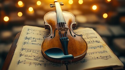 Naklejka premium Violin on Sheet Music with Warm Lighting