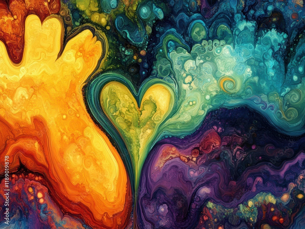 Poster abstract art of fluid heart sections vibrant wave patterns in a digital environment