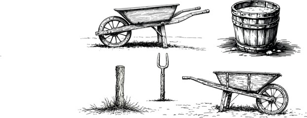 Rustic farm tools with wheelbarrows, wooden bucket and pitchfork in detailed monochrome illustration © Ksenia