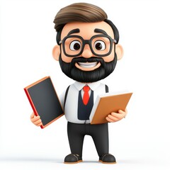 Cheerful cartoon character holding books and smiling in classroom setting