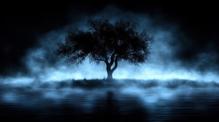 Obraz premium Solitary Tree in a Mysterious Blue Fog at Night