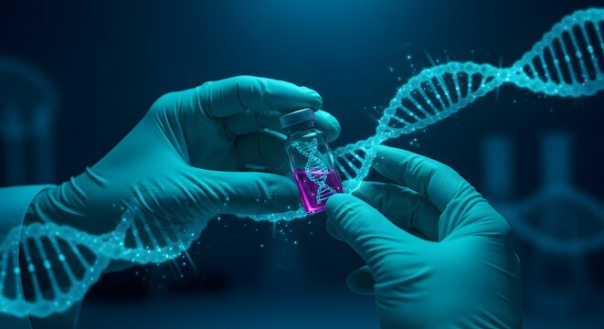 Scientist Holding Glowing DNA Vial with Spiraling Helix in Futuristic Medical Laboratory