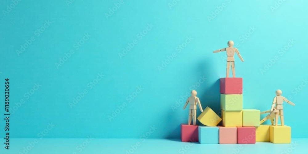 Poster wooden figures building a colorful block structure representing growth and teamwork