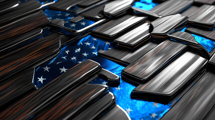 Modern patriotic display shiny usa flag on blackwood with silver and blue nes. Blazewood. Illustration