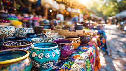 Fototapeta premium Vibrant Handmade Pottery and Colorful Crafts in Outdoor Market
