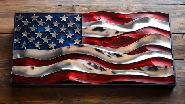 Modern patriotic display shiny usa flag on blackwood with silver and blue nes. Blazewood. Illustration