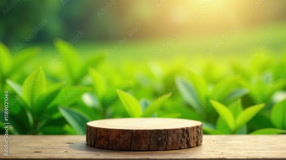 Poster Wooden Slice Display on Rustic Table with Lush Greenery Background