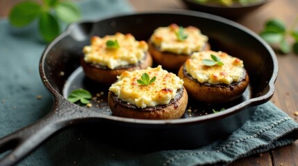 Fototapeta premium Delectable Baked Mushrooms Stuffed with Creamy Cheese and Herbs in a Cast Iron Skillet