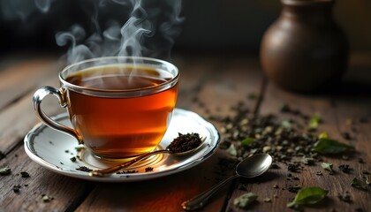 A steamy cup of black tea, a moment of calm, a relaxing vibe, a warm beverage - suited for tea or cafe related content, food blogs, and social media posts