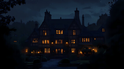 Nightfall at the mysterious blackwood manor: a dark and enigmatic scene. Blazewood. Illustration