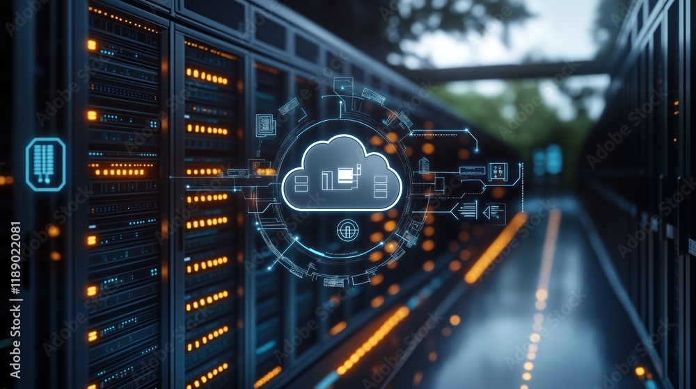 Poster futuristic server room shows digital disaster recovery system. cloud backup concept visualized on te