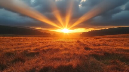 Golden rays of setting sun illuminate vast field under moody skies during golden hour landscape