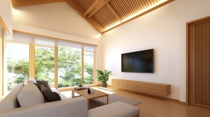 Fototapeta premium A modern living room with natural light, minimalist furniture, and a serene view.