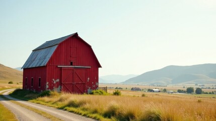 Obraz premium Rustic Red Barn on a Country Road with Rolling Hills in the Distance