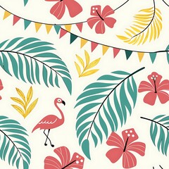 Tropical seamless pattern with flamingo and hibiscus, A seamless tropical pattern featuring flamingos, hibiscus flowers, palm leaves, and colorful bunting on a light background, perfect for festive de