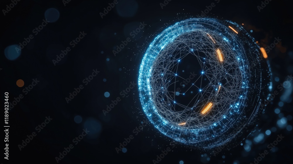 Poster futuristic graphic visualization of global blockchain network. complex digital system shows global c