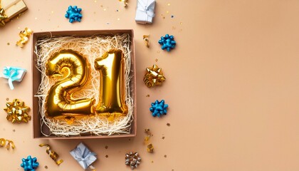 Number 21 birthday balloon celebration gift box lay flat explosion, copy space. Generated image
