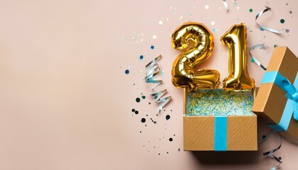 Number 21 birthday balloon celebration gift box lay flat explosion, copy space. Generated image