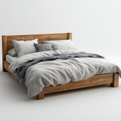 Wooden bed with plaid bedding in a rustic style.
