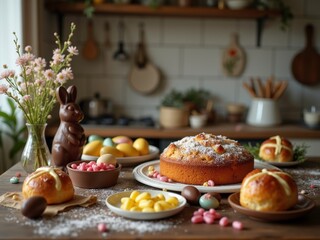 Festive Easter table with traditional dishes and decorations.
