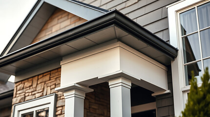 Modern House Exterior: Architectural Design and Details of a Contemporary Home. Real Estate Photography showcasing the home's stunning facade, roofline, and porch columns.