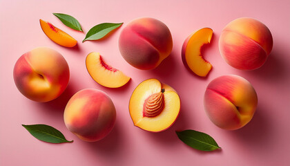 peaches and peach slices on a pink background