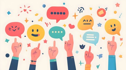 Colorful Hands Pointing Upward With Emojis and Speech Bubbles