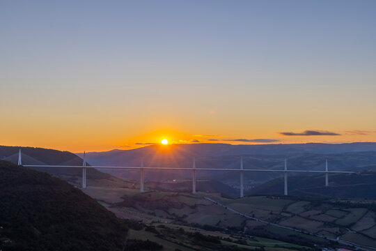 Multi-span cable stayed Millau Viaduct across gorge valley of Tarn River, Aveyron Departement, France