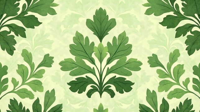 Intricate green leaf design creates elegant pattern on pale yellow background. Organic shapes, calming effects ideal for wallpaper textile designs. Leafy motif evokes nature, vintage style.