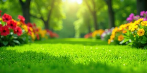 Fototapeta premium Vibrant Spring Garden Scene with Lush Green Grass and Colorful Flowers in Bloom