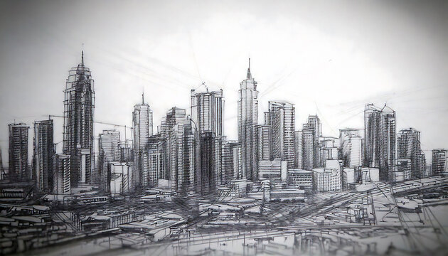 Striking pencil sketch of a modern city skyline.  Detailed architectural rendering perfect for urban development, real estate, or architectural design projects.