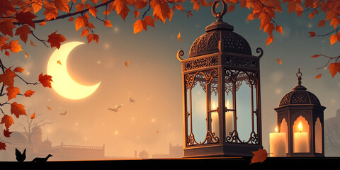 Arabic lantern of Ramadan celebration background illustration. Generative AI