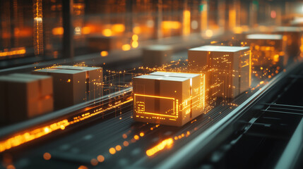 Digital logistics: boxes with futuristic data visualizations moving on a high-tech conveyor system.
