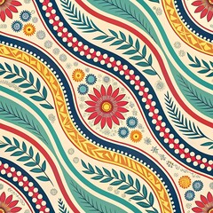 Colorful floral and leaf abstract pattern, Seamless pattern featuring vibrant flowers, leaves, and wavy geometric lines in bold red, yellow, and teal tones on a cream background.  
