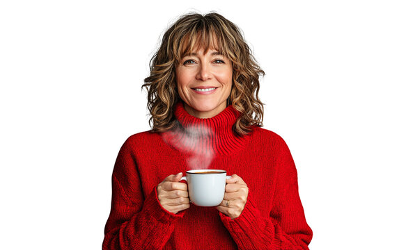 Cheerful woman in a red sweater holding a steaming cup of coffee, looking relaxed and content, set against a clean white background.

