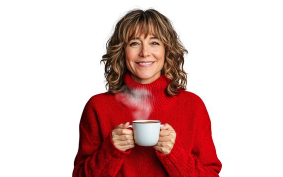 Cheerful woman in a red sweater holding a steaming cup of coffee, looking relaxed and content, set against a clean white background.
- Powered by Adobe