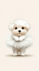 A small dog stands confidently in a fluffy tutu, radiating joy and innocence