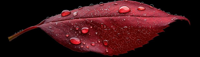 Fototapeta premium Fresh Red Leaf with Water Droplets on Black Background Capturing Nature's Beauty and Detail