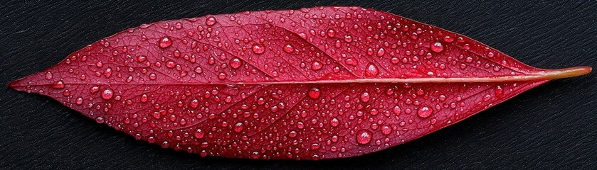 Fototapeta premium Close-Up of a Red Leaf with Water Drops on a Dark Background, Capturing Nature's Beauty