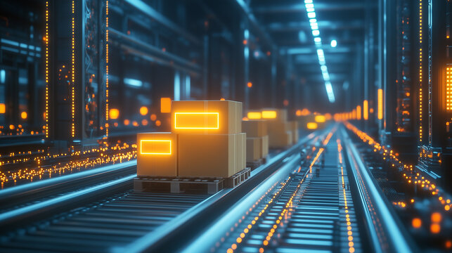 Digital logistics: boxes with futuristic data visualizations moving on a high-tech conveyor system.
