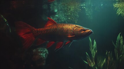 An enchanting shot of an arowana fish illuminated by soft lighting in an aquarium, creating a peaceful and calming atmosphere in a lifestyle photography style 