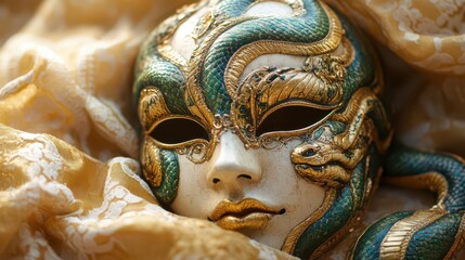 Ornate Snake-Inspired Masquerade Masks with Luxurious Gold and Turquoise Accents