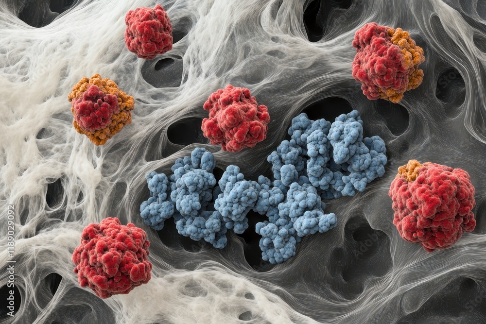 Poster microscopic view of protein clusters interacting within a cellular matrix: a detailed 3d render of m