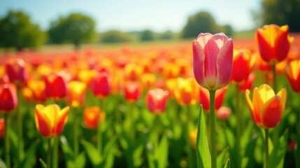Obraz premium Vibrant Springtime Field of Colorful Tulips Blooming in Sunny Meadow