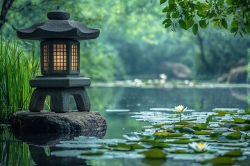 Serene Japanese stone lantern illuminates a tranquil pond with water lilies at dawn.