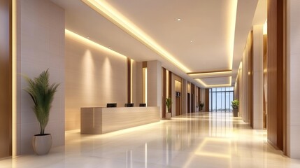 Modern hotel lobby with sleek design, warm lighting, and reception area.