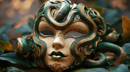 Naklejka premium Ornate Snake-Inspired Masquerade Masks with Luxurious Gold and Turquoise Accents