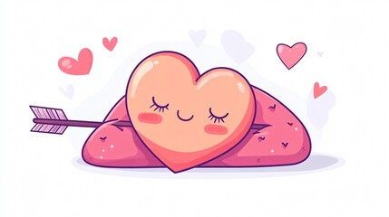 Adorable Sleeping Heart with Arrow Kawaii Character in Wide Angle View