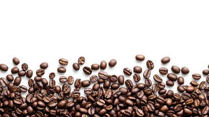 Obraz premium A panoramic border of coffee beans isolated against a white background with space for text.